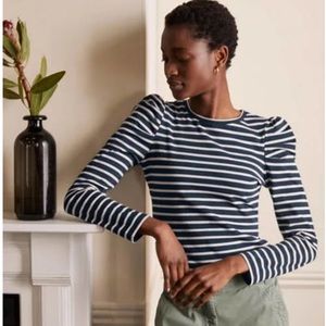 BODEN Preppy Cotton Navy Blue White Striped Puffed Long Sleeve Tee Size 10